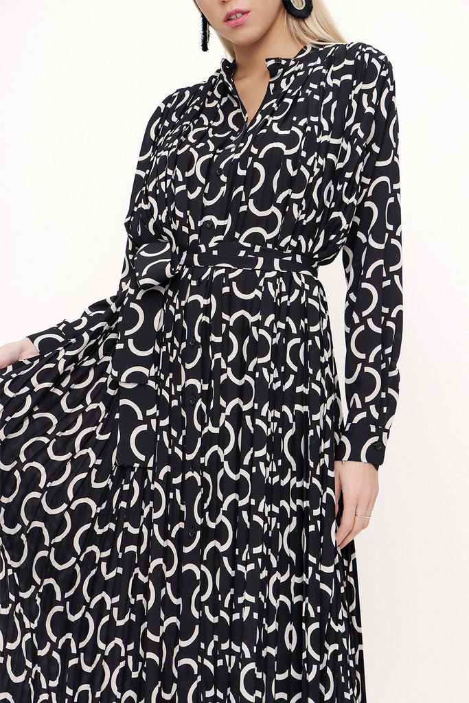 Black Ecru Pleated long dress 93448