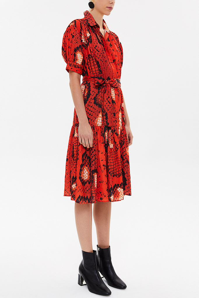 Red Balloon sleeve, gathered midi dress 92724