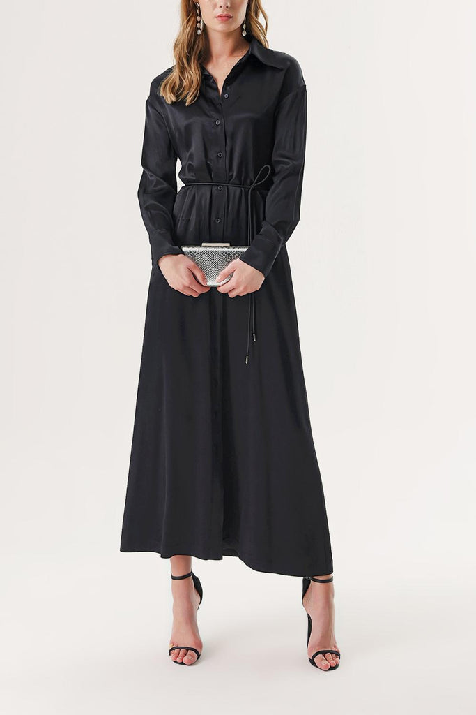 Siyah Sırtı Bluzan Detaylı Bele Oturan Gömlek Elbise 94178