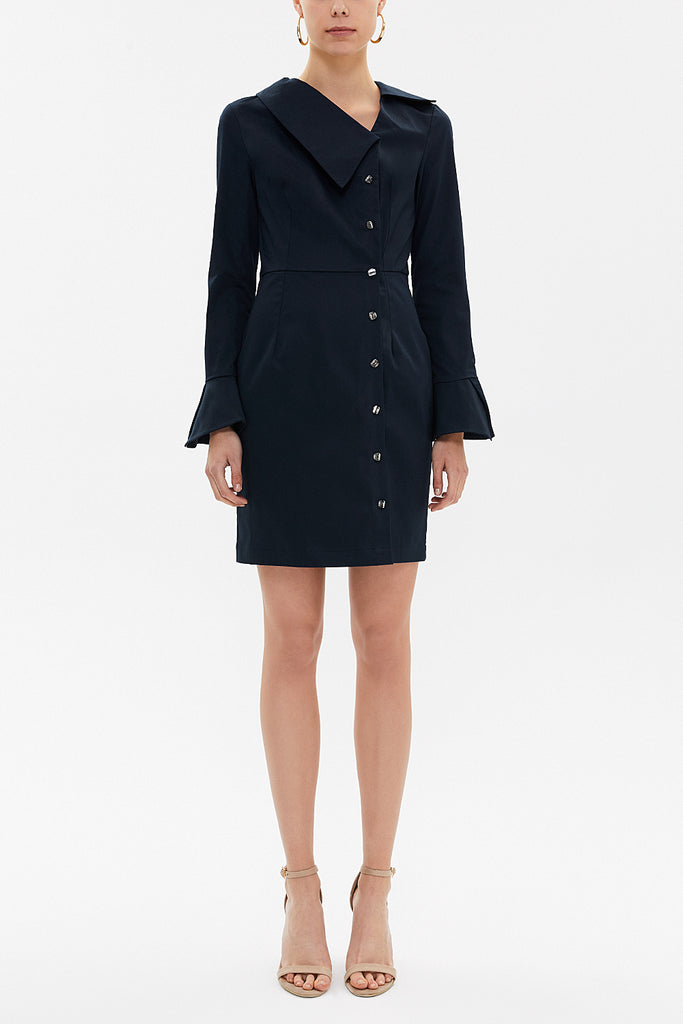Navy Blue Asymmetric neck slim fit dress 92147