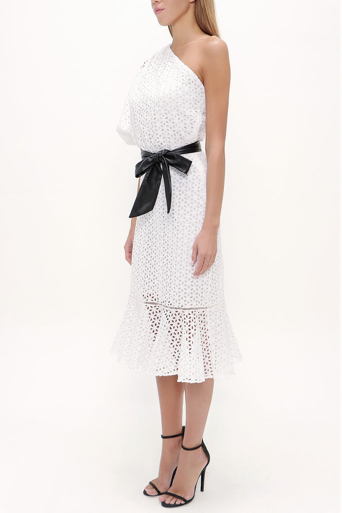 White One shoulder balloon sleeve midi dress 93073