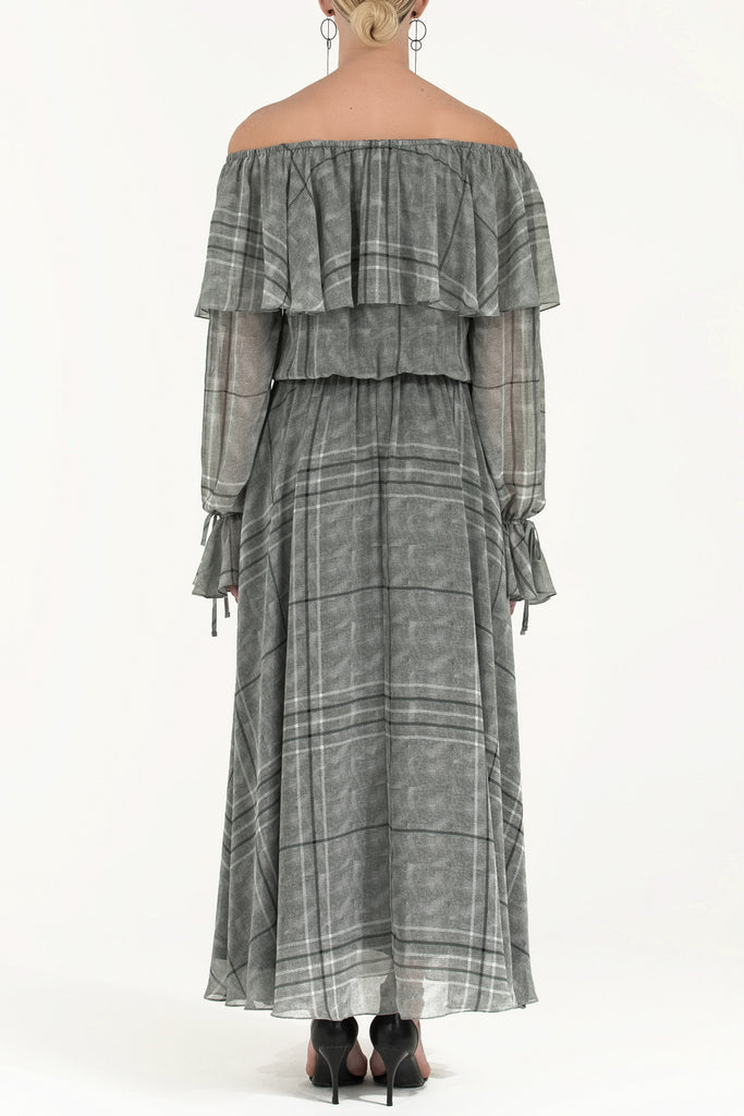 Valonlu Düşük Omuz Şifon Elbise Füme 92303