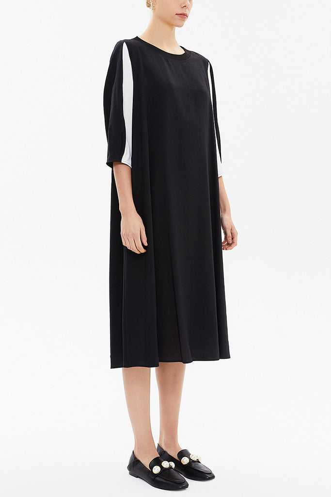 Black Contrast colour combined wide cut midi dress 92803