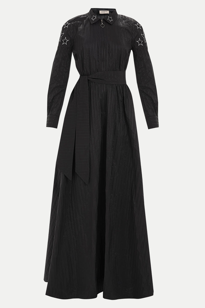 Kadın Yıldız Nakışlı Bol Kesim Uzun Elbise Siyah 92476 M18191092476101