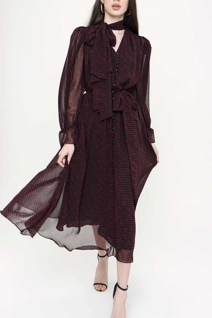 Black Red Lace-up neck wide cut shoulder padded dress  93734