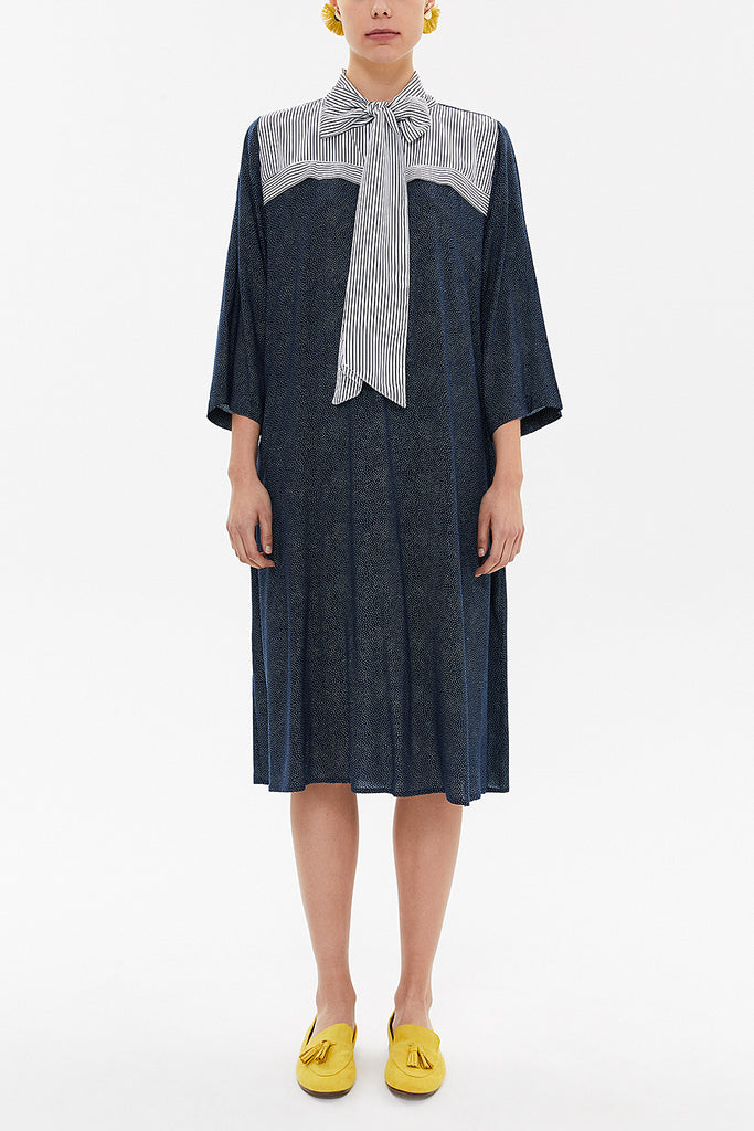 Navy Blue Lace-up neck wide cut midi dress 92816