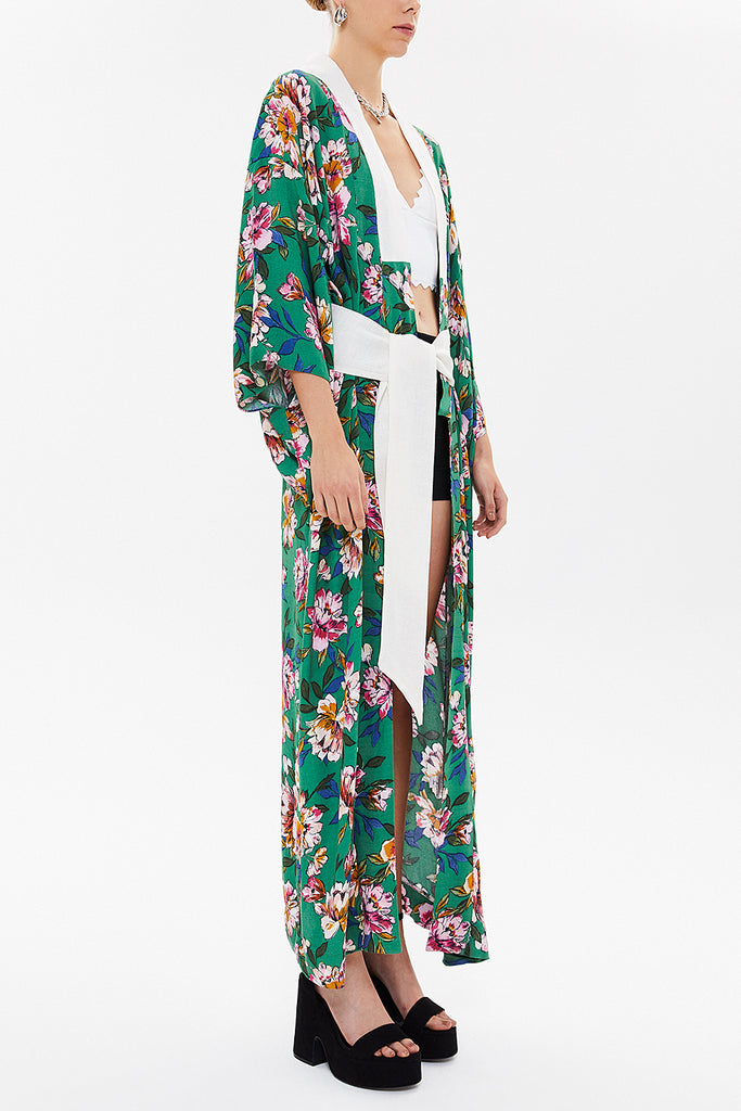 Green Long kimono belted dress 92737