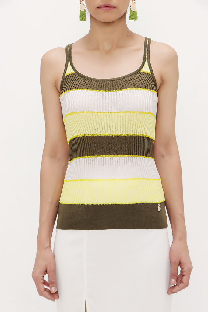Khaki Striped  sleeveless tricot  blouse  28411