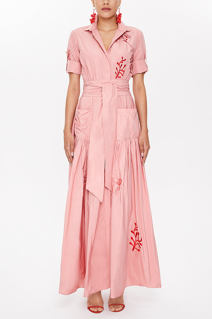 Salmon Embroidered, lace-up Pleated maxi dress 92917