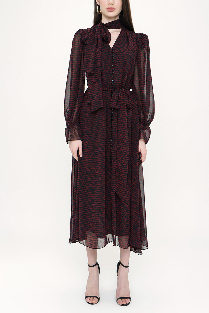 Black Red Lace-up neck wide cut shoulder padded dress  93734