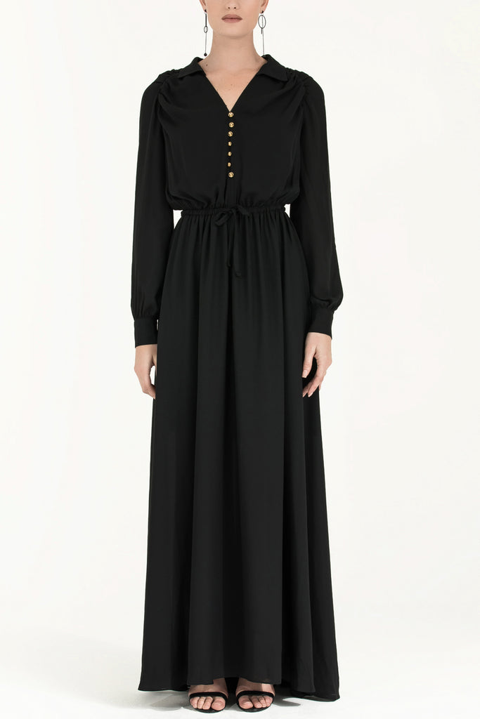Omuzları Büzgülü Düğmeli Uzun Elbise Siyah 92251