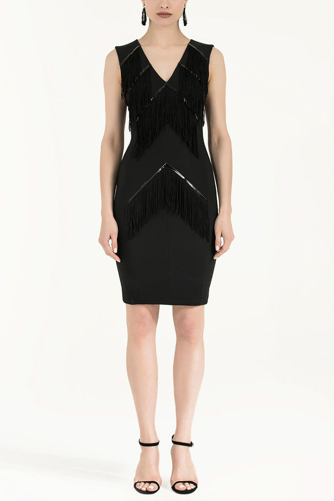 Black V-neck, tassel midi dress 91540