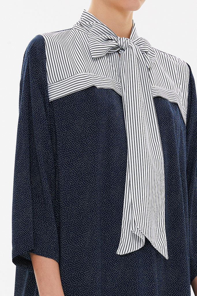 Navy Blue Lace-up neck wide cut midi dress 92816