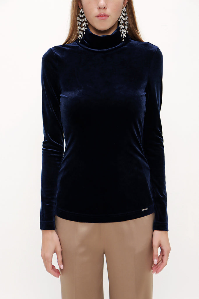 Navy Blue Turtleneck velvet blouse 19647