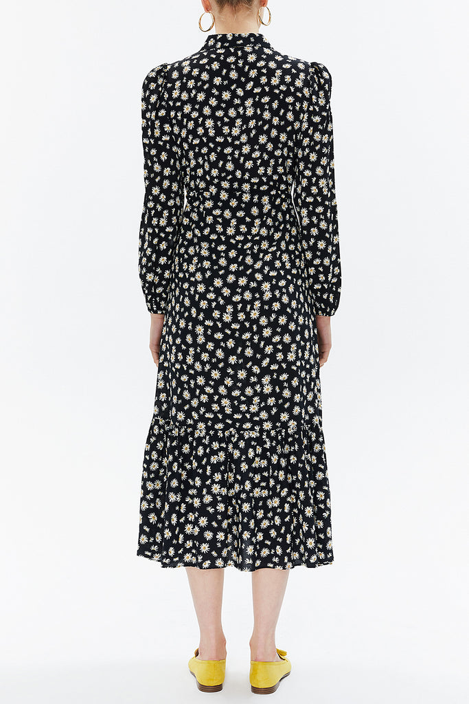 Black Background Floral Printed Pleated belt detail midi dress 93323