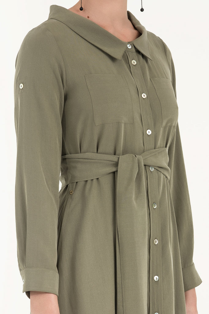 Kemerli Gömlek Elbise Yeşil 92302