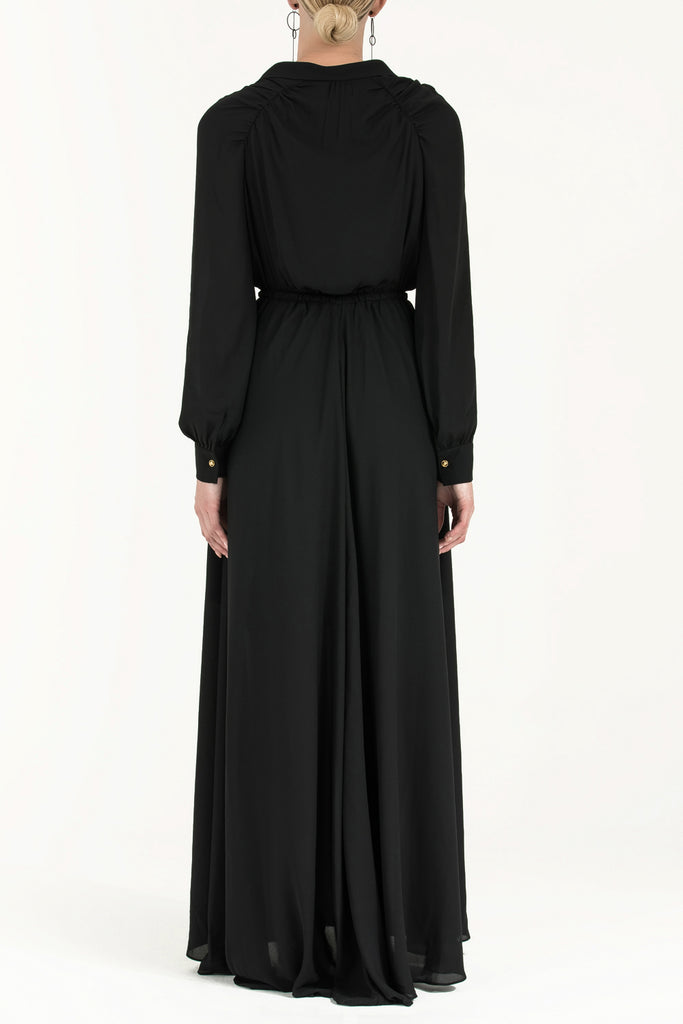 Omuzları Büzgülü Düğmeli Uzun Elbise Siyah 92251