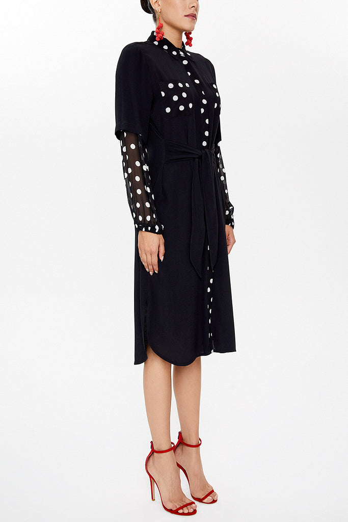 Black Lace-up chiffon sleeve midi dress 92829