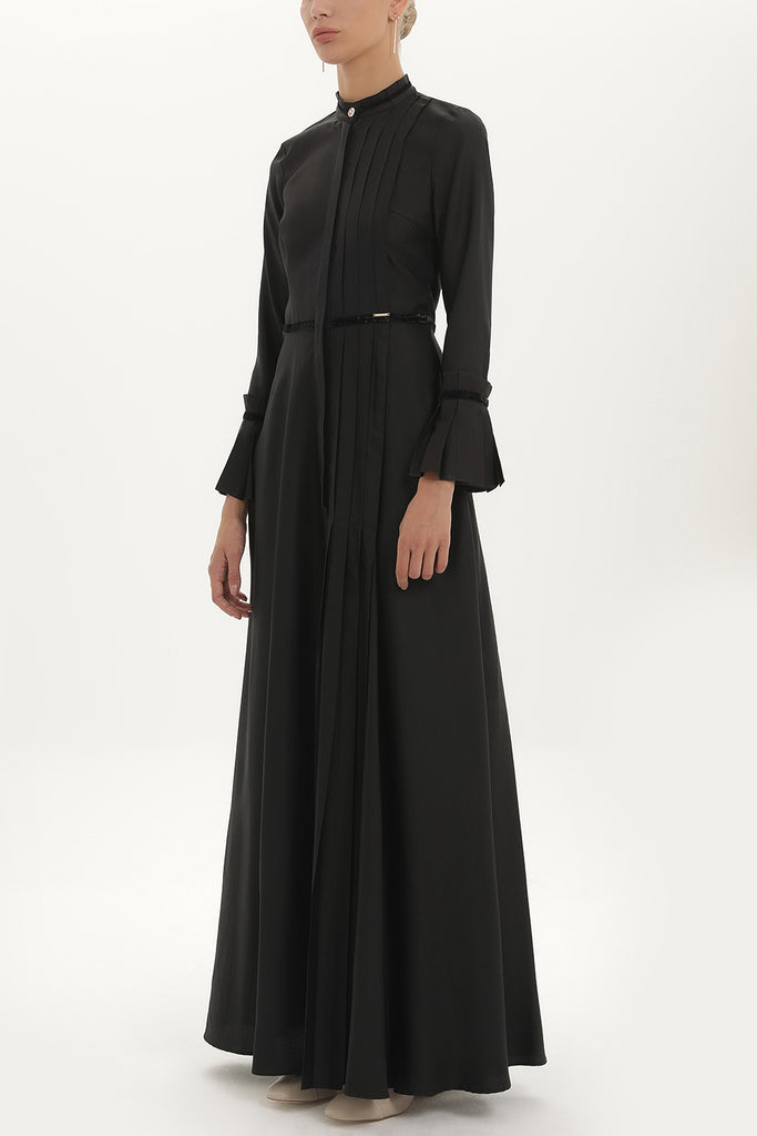 Black Pleat detail fitted waist maxi dress 92196