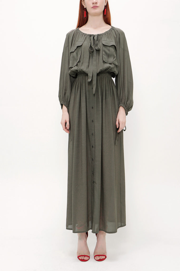Khaki Pocket  off shoulder  maxi dress  92308
