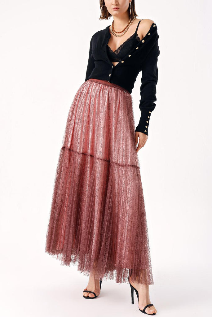 Powder Elastic waist pleated long tulle skirt 81235