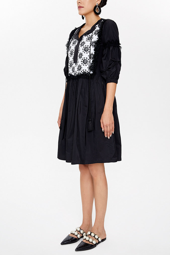 Black Pleated lace mini dress 92459