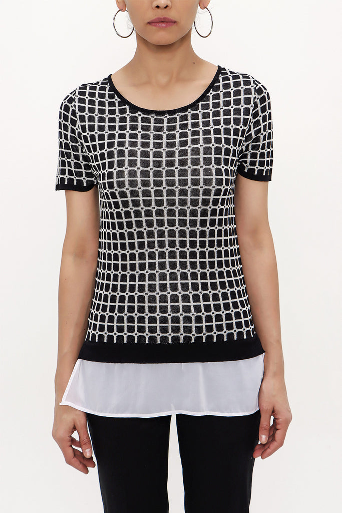 Black White Wide collar  short sleeved tricot  blouse 28660