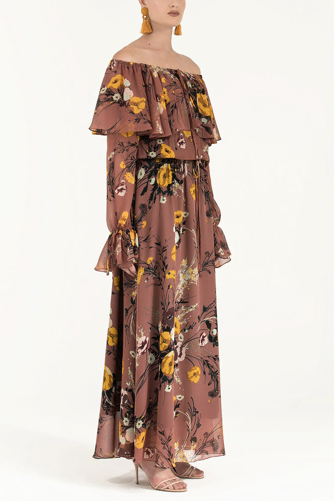 Volanlı Düşük Omuz Şifon Uzun Elbise 92303