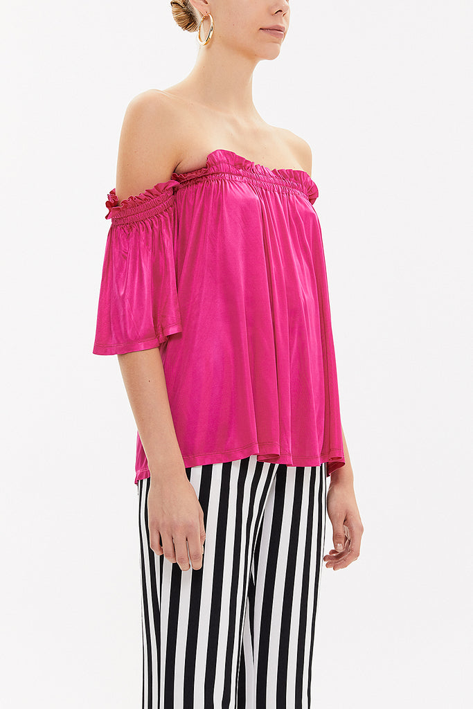 Fuchsia Elastic  off shoulder  woven  blouse  19702