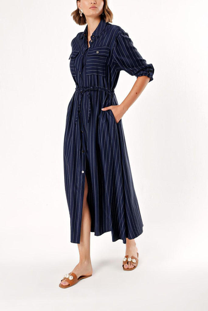 Navy Blue White Striped Lace up shirt  dress  93709