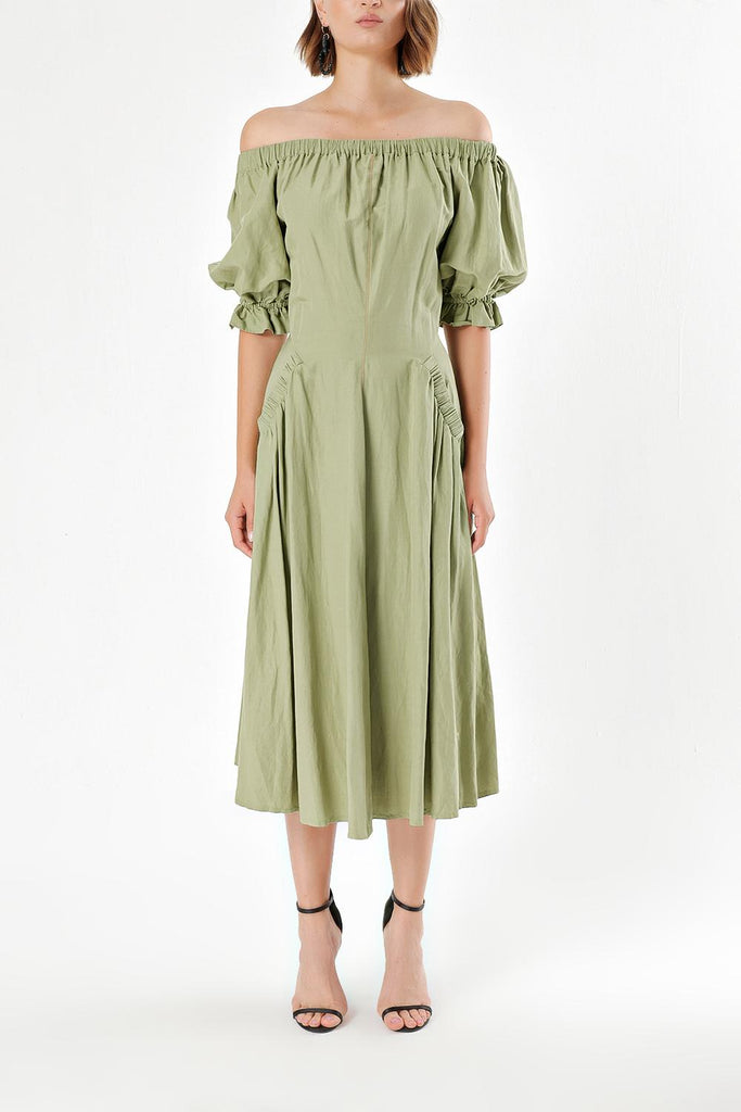 Green Off shoulder  elastic  linen dress  93569