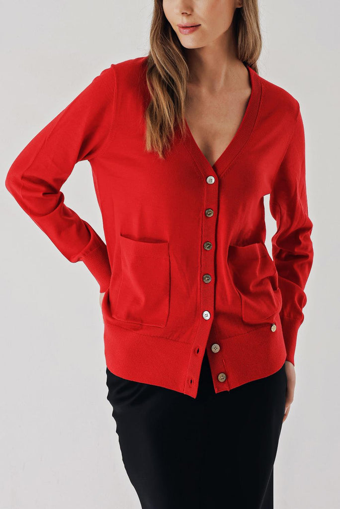 Red V-neck woolen long knit cardigan 28867