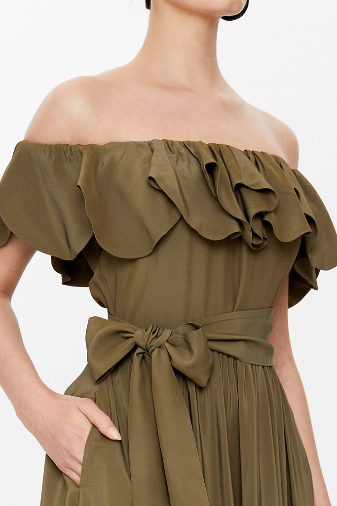 Khaki Front ruffled off shoulder maxi dress 93005