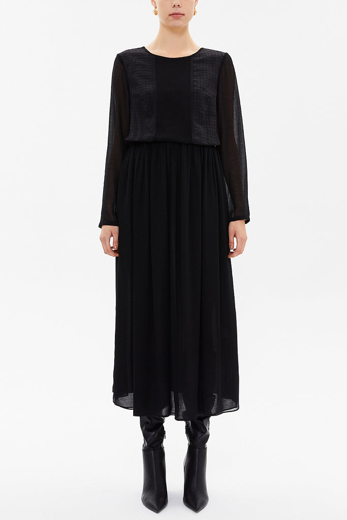 Black Elastic waist wide cut midi dress 92202