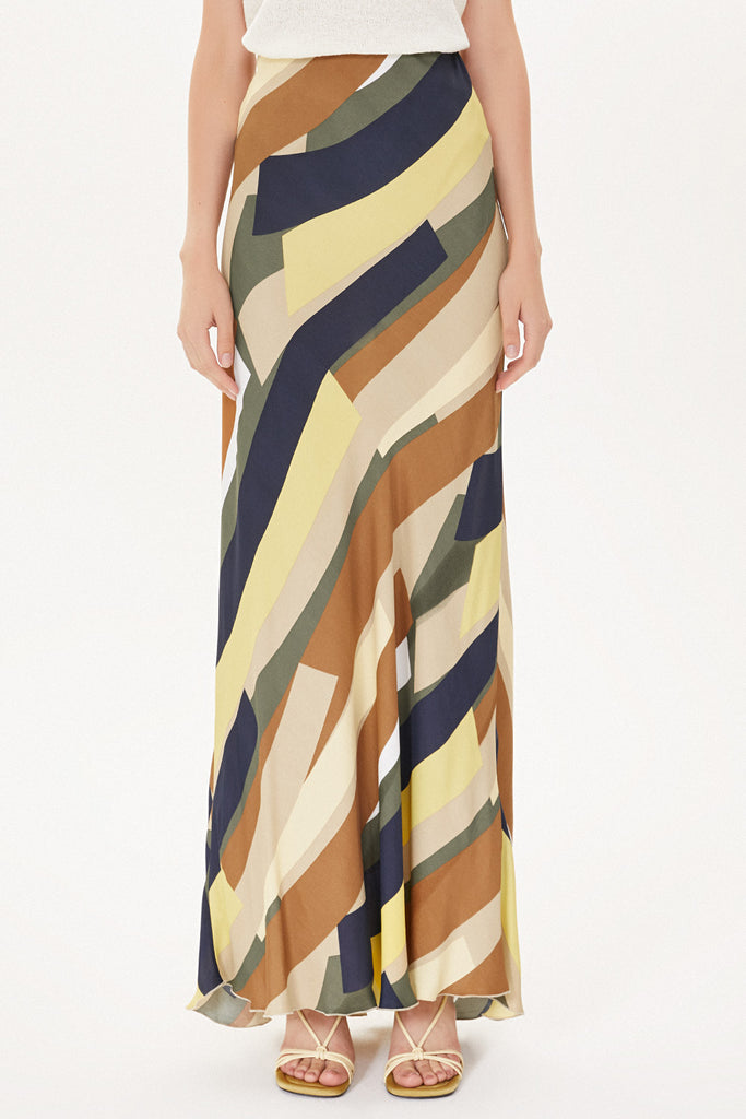 Mustard Striped Elastic waist maxi skirt 81164