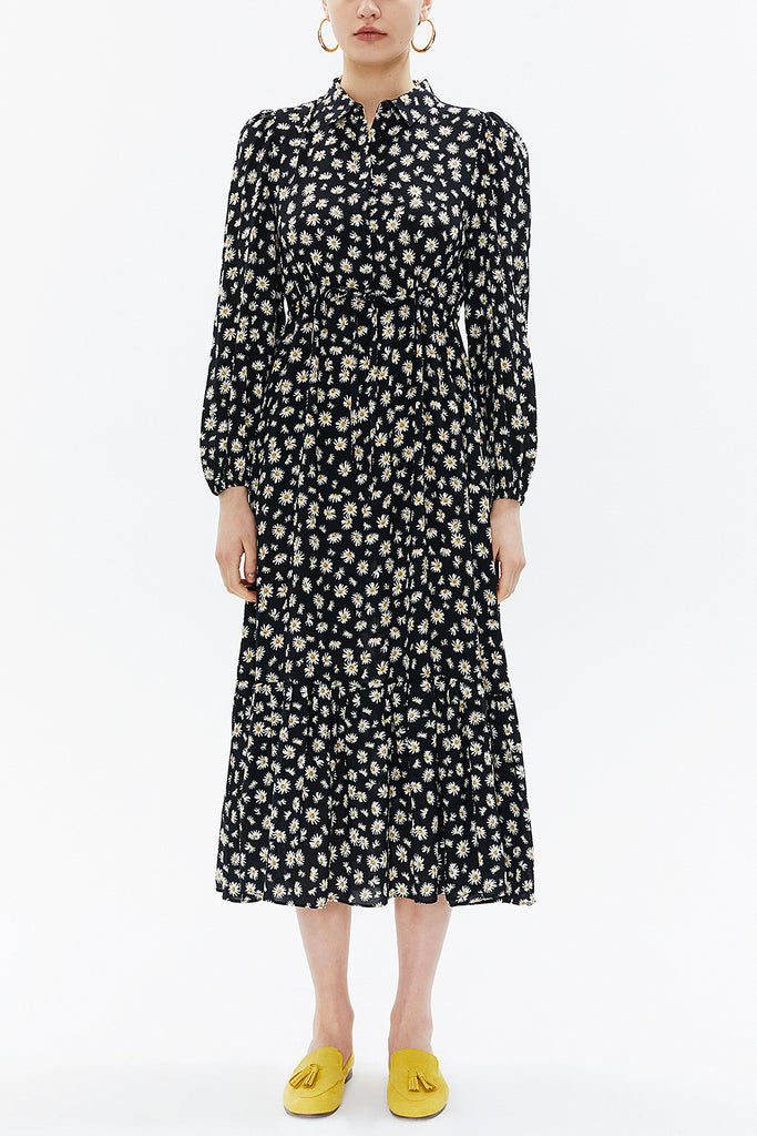 Black Background Floral Printed Pleated belt detail midi dress 93323
