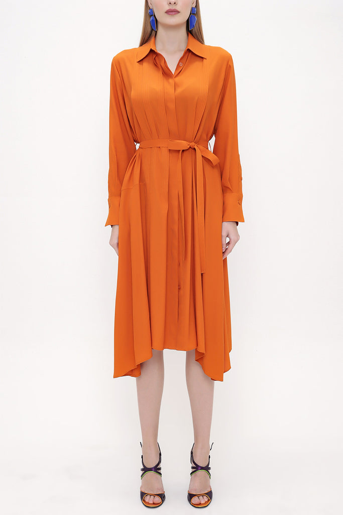 Orange Wide cut pleat detail shirt dress 93828