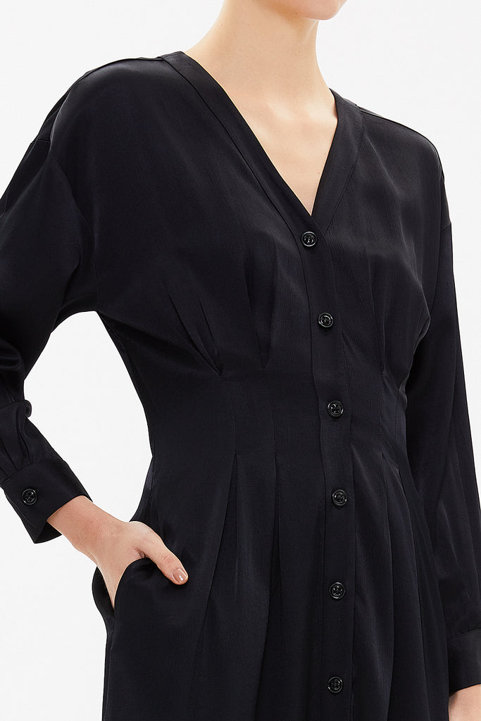 Black Off shoulder V neck button midi dress 92613