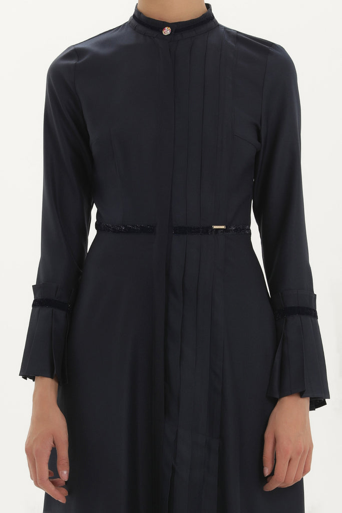 Navy Blue Pleat detail fitted waist maxi dress 92196