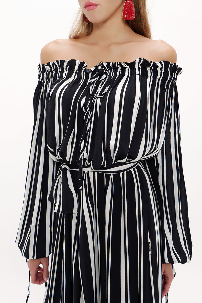 Striped Elastic shoulder and cuff wide cut dress  93379