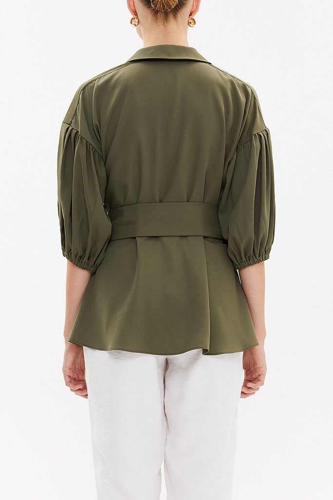 Khaki Balloon sleeve    wide cut blouse  19761