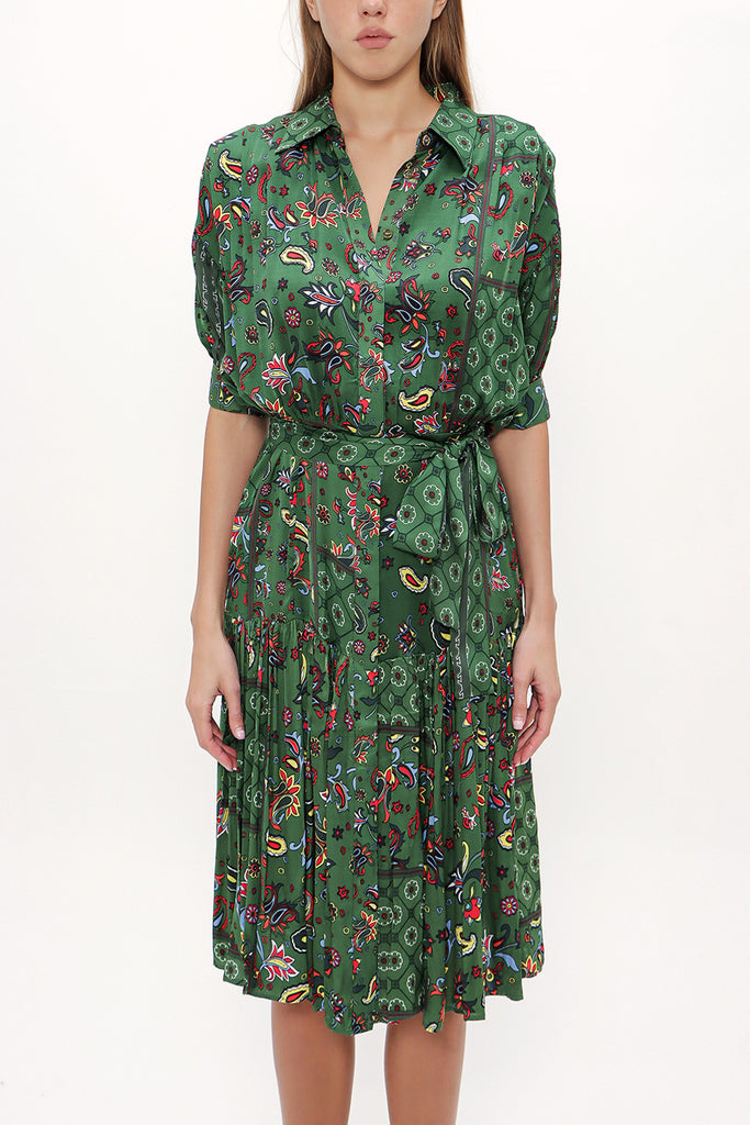Green Balloon sleeve, gathered midi dress 92724