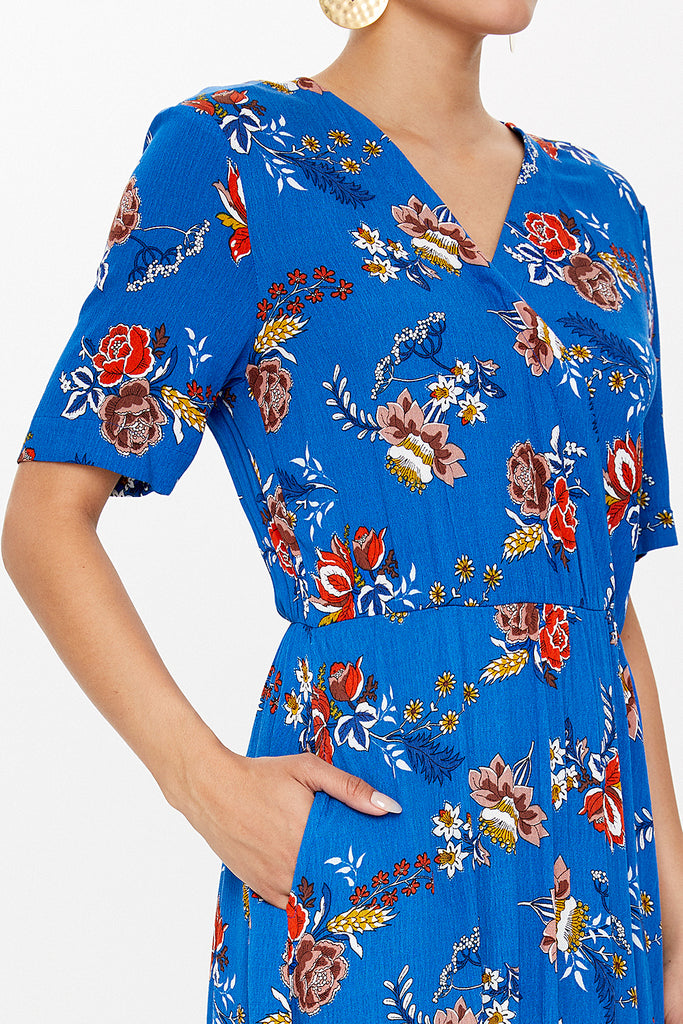 Blue Wrap-over belted midi dress 92790