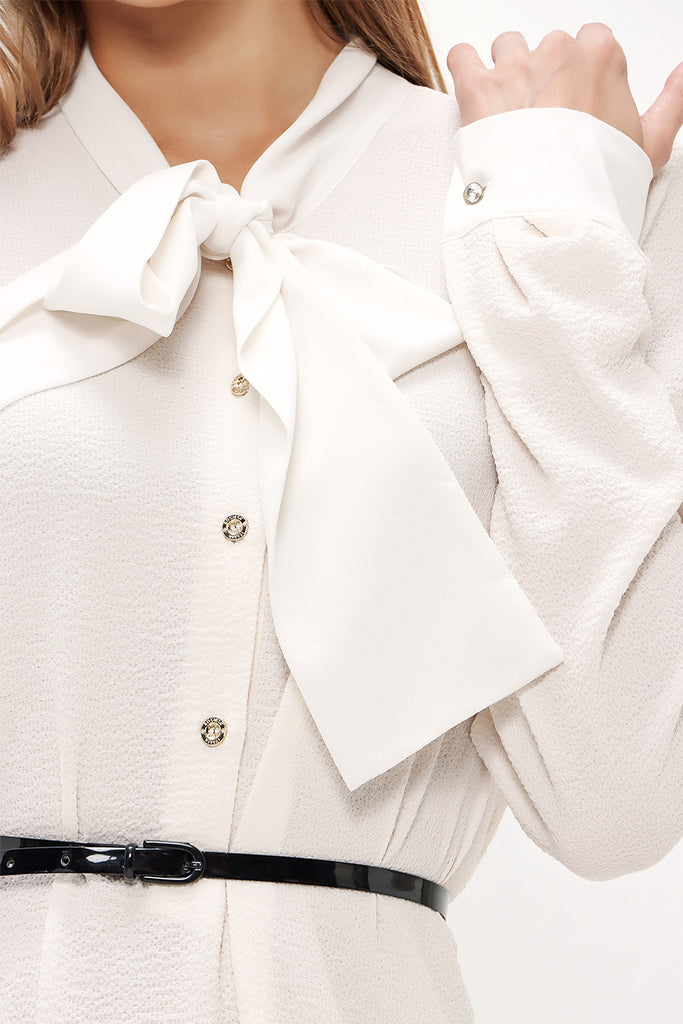 Ecru Crepe mini dress with bowtie on the neck 91355