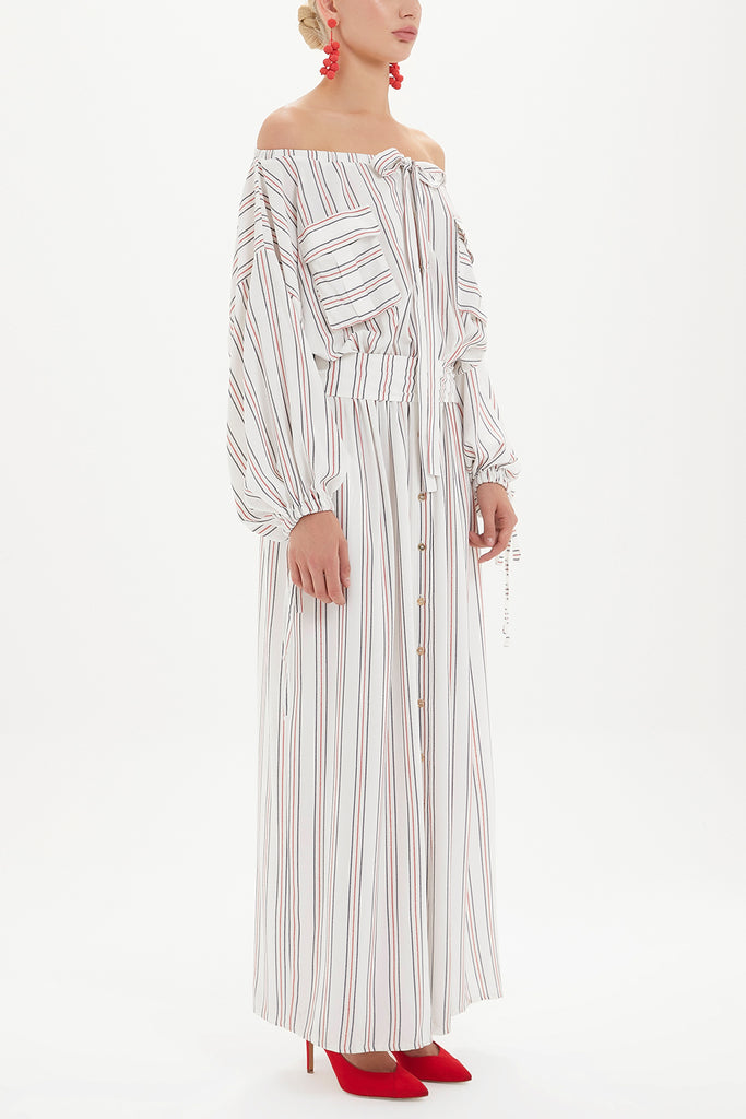 Cepli Düşük Omuz Uzun Elbise 92308