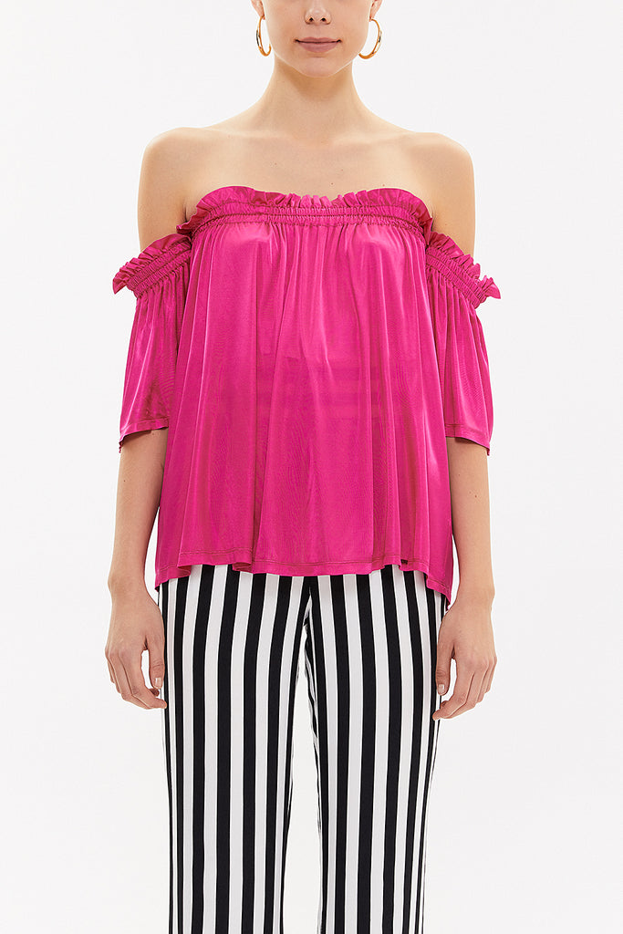 Fuchsia Elastic  off shoulder  woven  blouse  19702