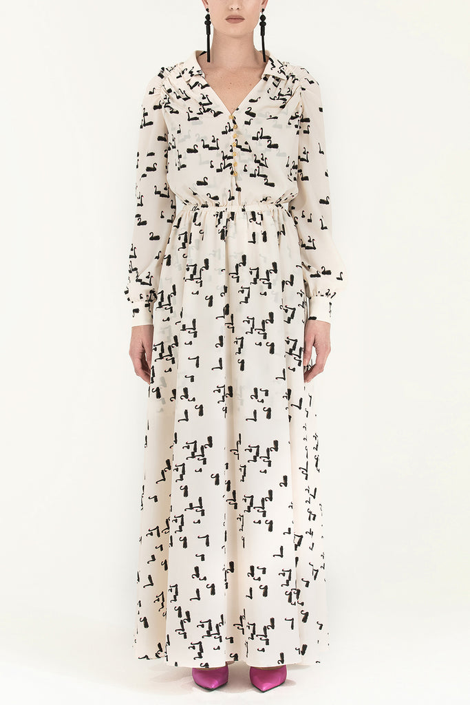 Omuzları Büzgülü Düğmeli Uzun Desenli Elbise  92251