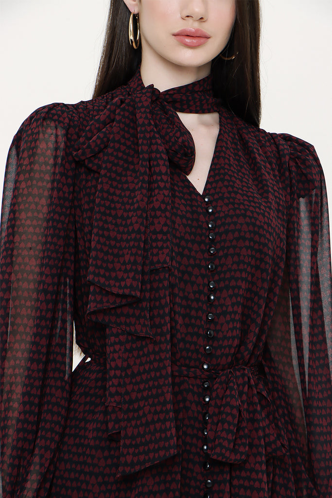 Black Red Lace-up neck wide cut shoulder padded dress  93734