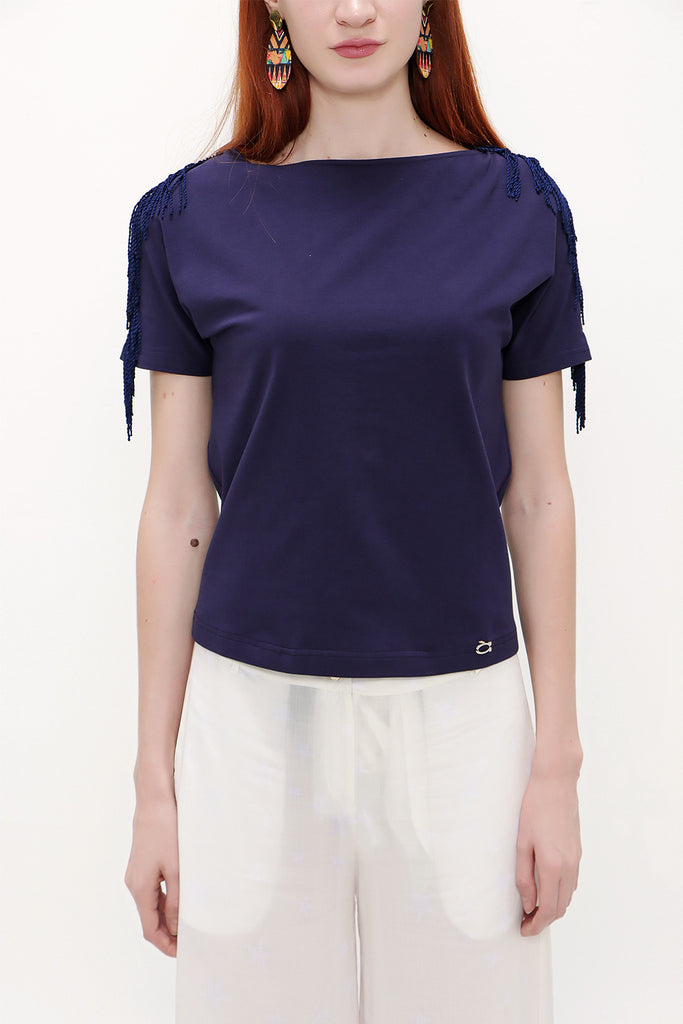 Navy Blue Shoulder tassel knit blouse 19324