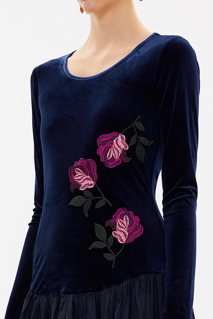 Navy Blue Embroidered  velvet  detail  maxi  dress  92148